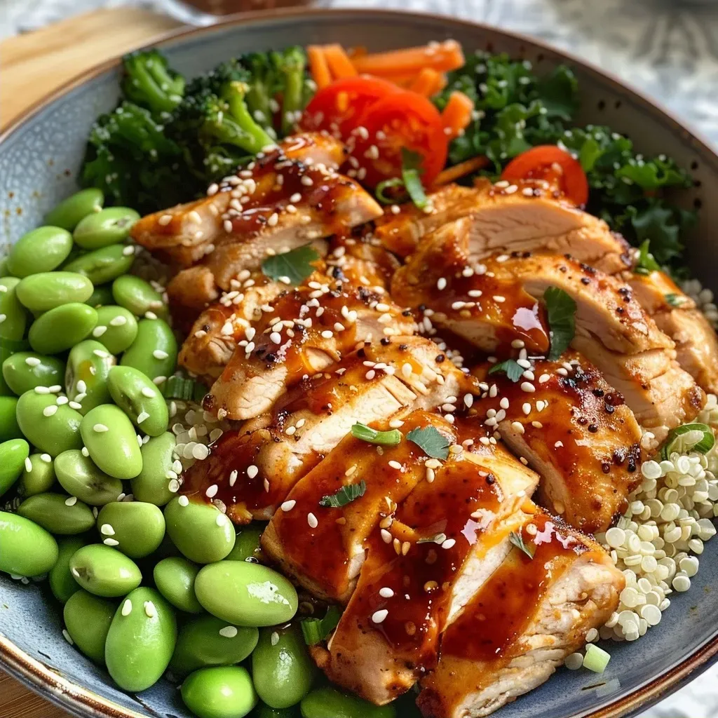 High protein chicken Buddha bowl with vibrant garnishes and sauces.