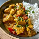 ['Close-up view of a bowl of high protein chicken curry with colorful ingredients.', 'Juicy chicken pieces in coconut milk curry with red pepper and onion visible.', 'A vibrant dish of homemade chicken curry served with cooked rice.', 'Side view of a delicious chicken curry garnished with herbs and spices.']
