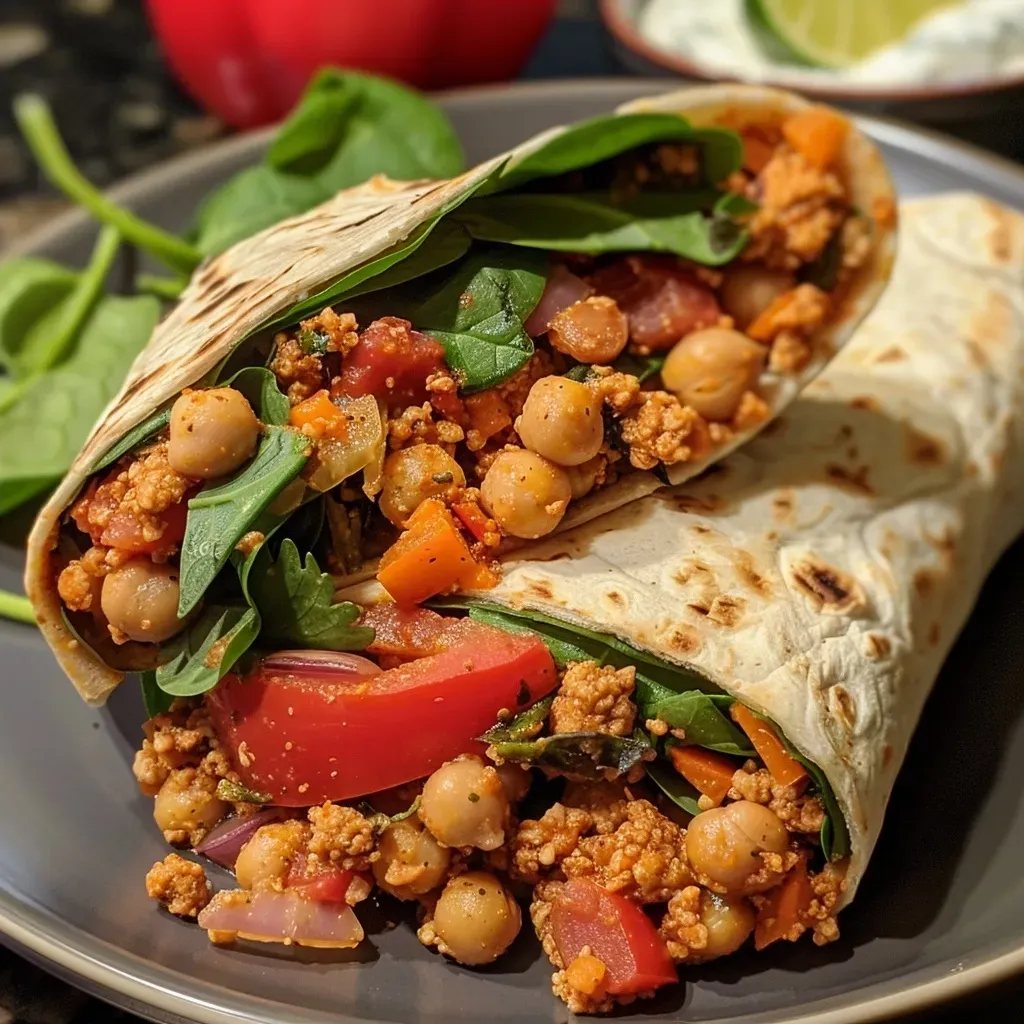 Side angle of a delicious Paprikawrap filled with ground turkey and veggies.