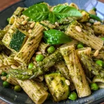 Close-up view of a bowl of High-Protein Vegan Pesto Pasta with vibrant green ingredients.