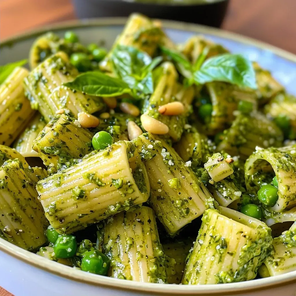 Side view of pasta tossed in green pesto, featuring zucchini, asparagus, and peas.