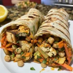 Close-up of a colorful high-protein veggie wrap filled with various fresh ingredients.