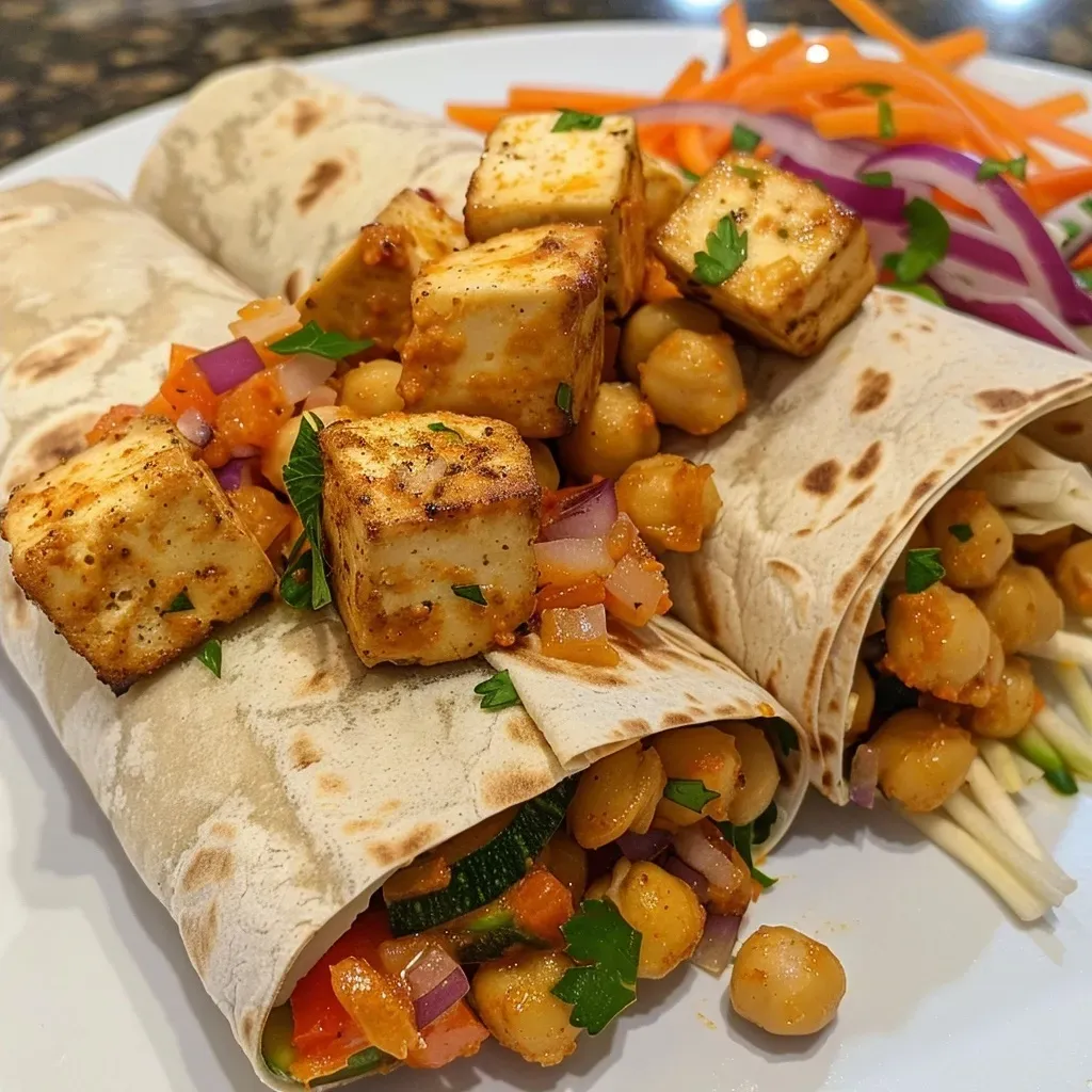 Side view of a juicy veggie wrap showcasing tofu, chickpeas, and vibrant vegetables.