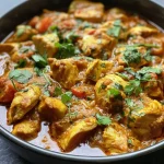 Juicy Hochprotein Hähnchen Curry garnished with fresh spinach.