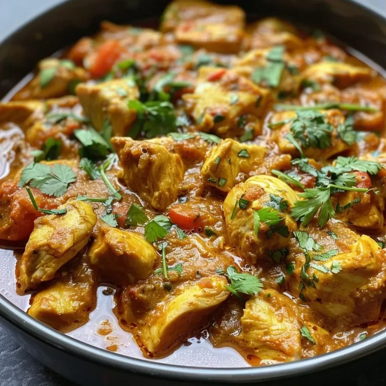 Close-up of a bowl filled with high protein chicken curry, garnished with fresh coriander.