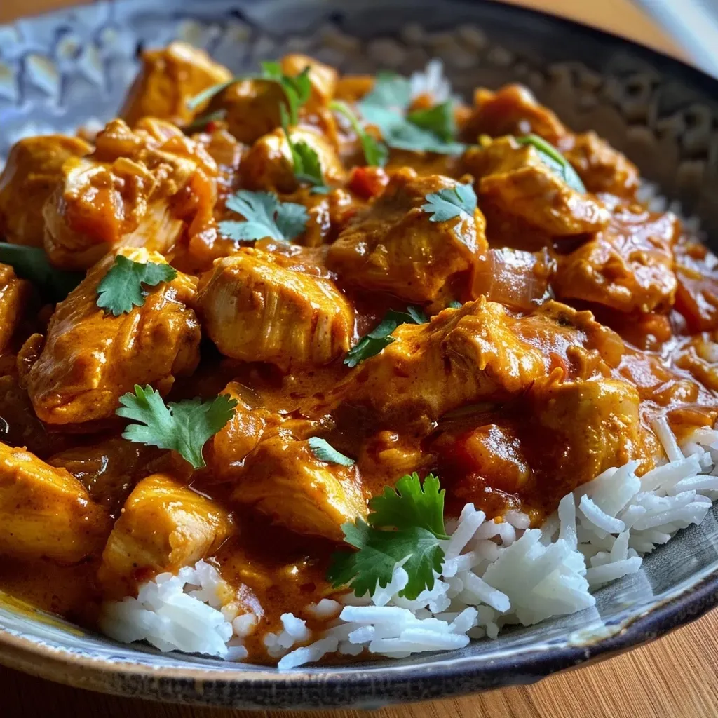 Juicy chunks of chicken in a rich, golden curry sauce, presented in a vibrant dish.