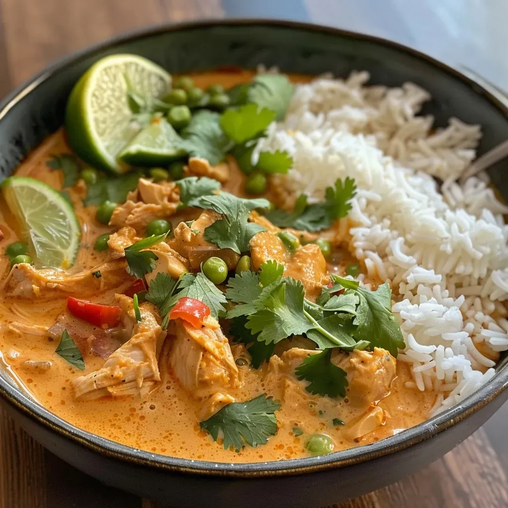 Close-up of a bowl filled with chicken curry and rice, garnished with cilantro.