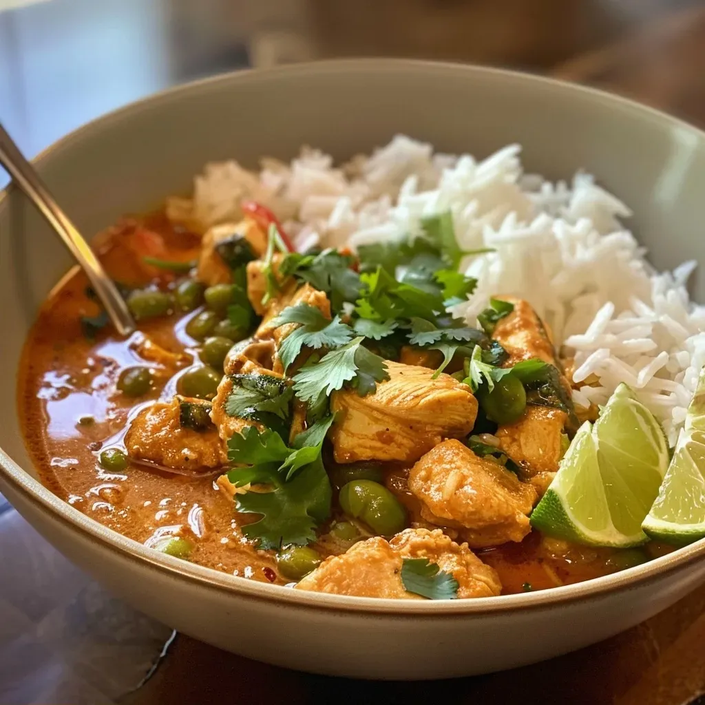 Juicy curry chicken with jasmine rice, decorated with lime wedges and edamame.
