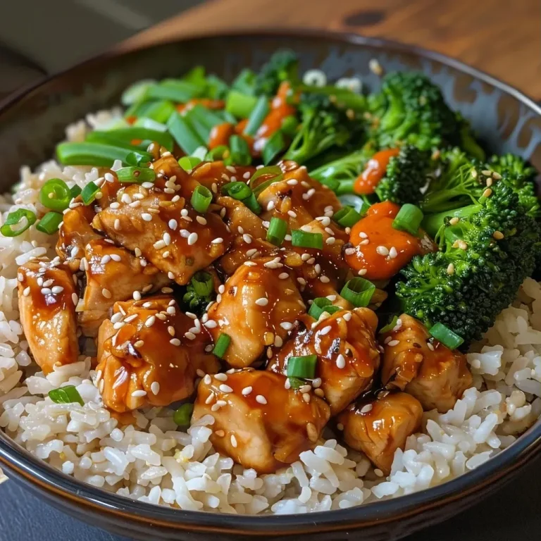 Close-up view of Honey Sriracha Chicken and Broccoli meal prep bowl with vibrant colors.