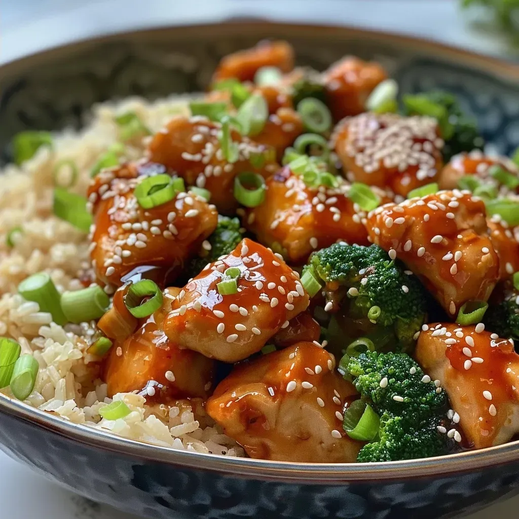 Side angle of a meal prep bowl featuring diced chicken, broccoli, and brown rice.