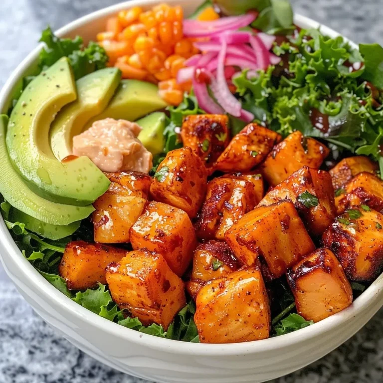 A close-up view of a Hot Honey Chicken Bowl featuring colorful ingredients.