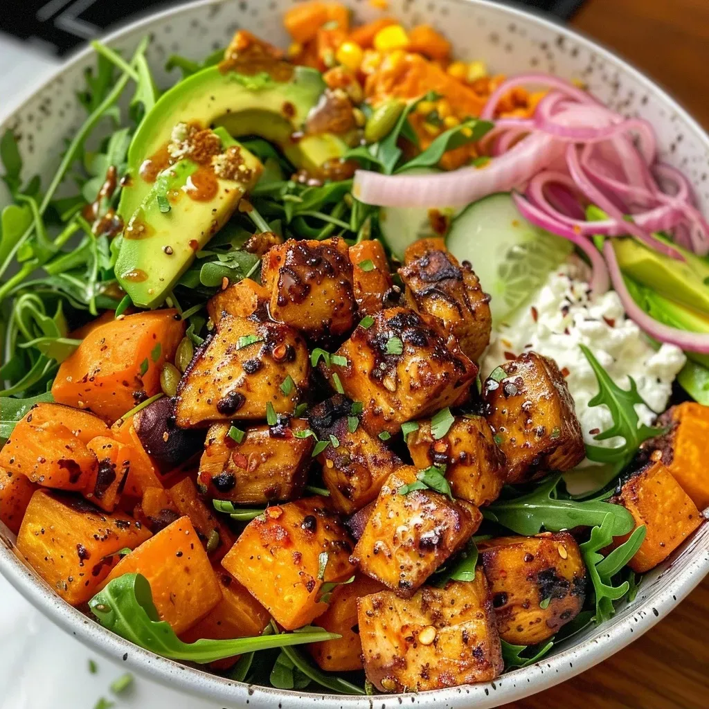 Side perspective of a delicious Hot Honey Chicken Bowl with vibrant toppings.