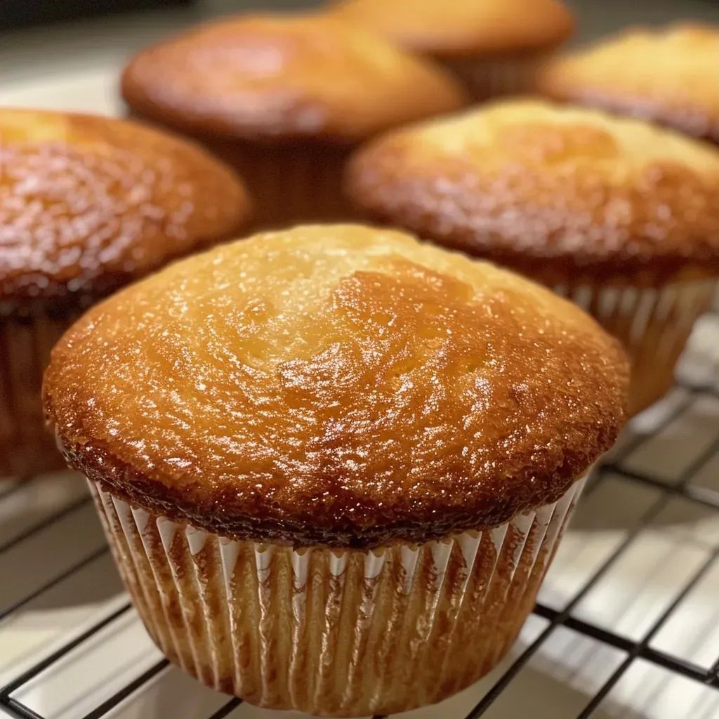 Side view of golden-brown yoghurt muffins topped with a dusting of sugar.
