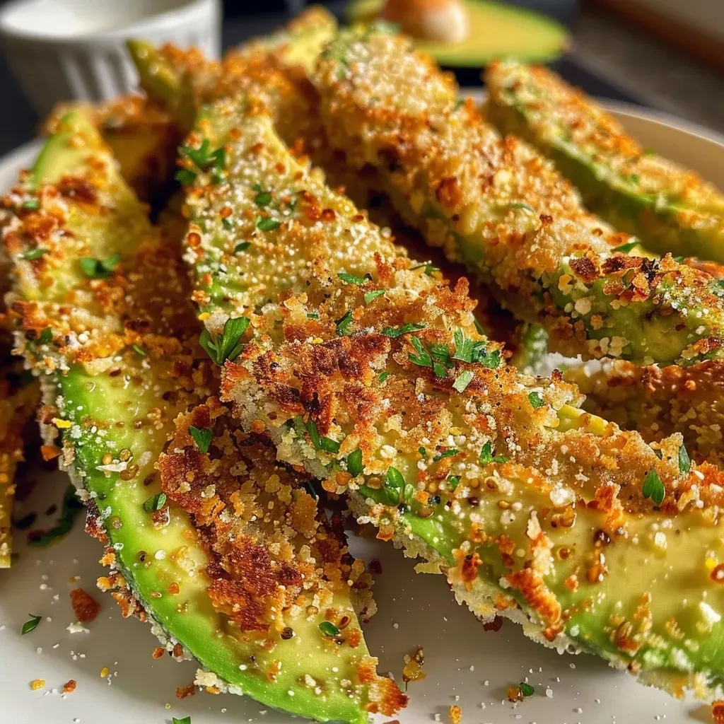 Side view of golden-brown avocado fries with a dipping sauce.