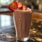 Close-up of a creamy strawberry cheesecake smoothie in a glass.