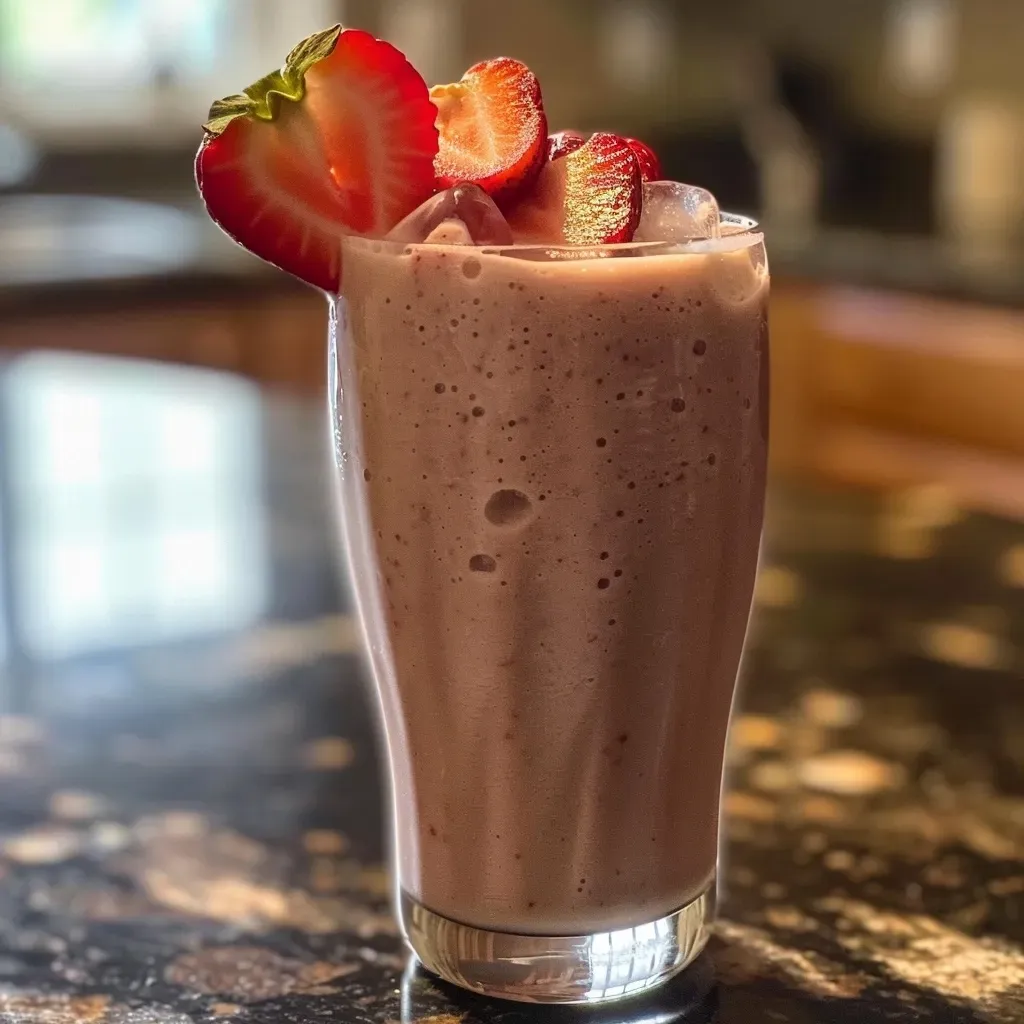 Close-up of a creamy strawberry cheesecake smoothie in a glass.