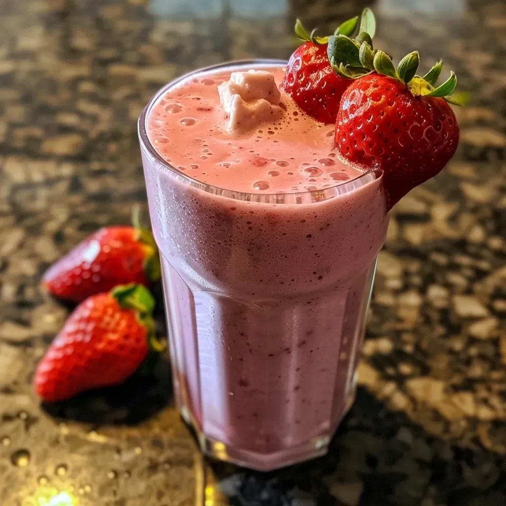 Side view of a keto smoothie displaying strawberries and cream.