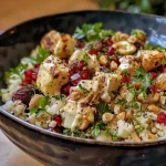 A close-up view of a Keto Garnelen Bowl with shrimp, cauliflower, and avocado slices.