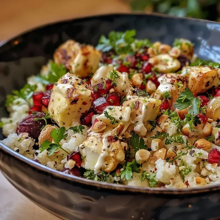 A close-up view of a Keto Garnelen Bowl with shrimp, cauliflower, and avocado slices.