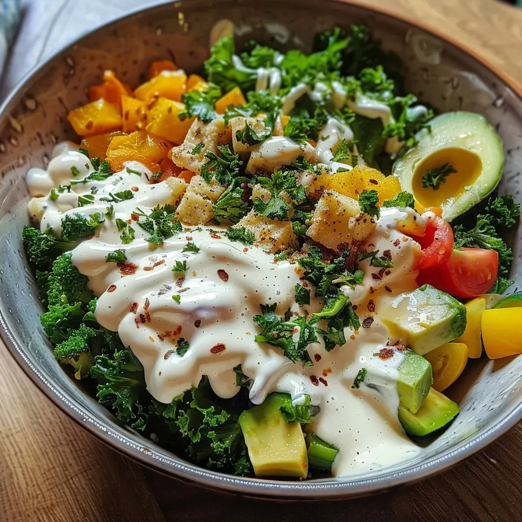 Juicy shrimp bowl featuring fresh ingredients like avocado and cauliflower in a creamy sauce.