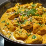 Close-up of a creamy chicken curry with vibrant spices and fresh cilantro.