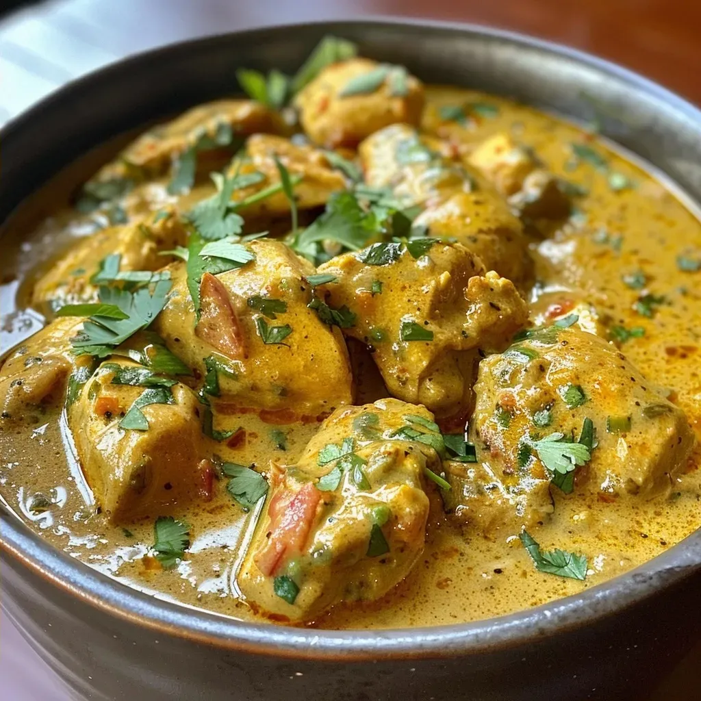 Juicy pieces of chicken in a rich, coconut-based curry sauce garnished with cilantro.