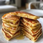 Fluffy keto pancakes stacked on a plate, topped with syrup and berries.