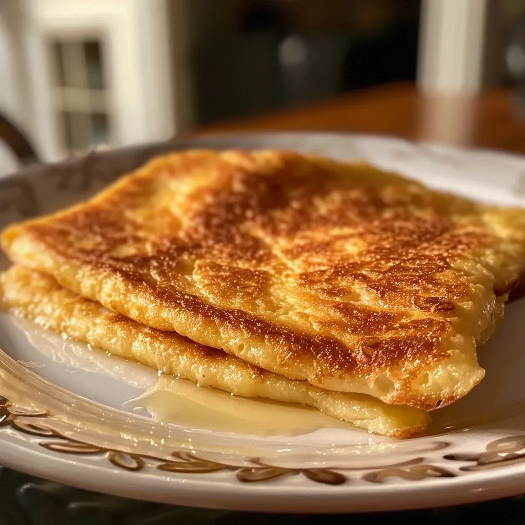 Side view of keto pancakes made from almond flour, topped with a drizzle of syrup.