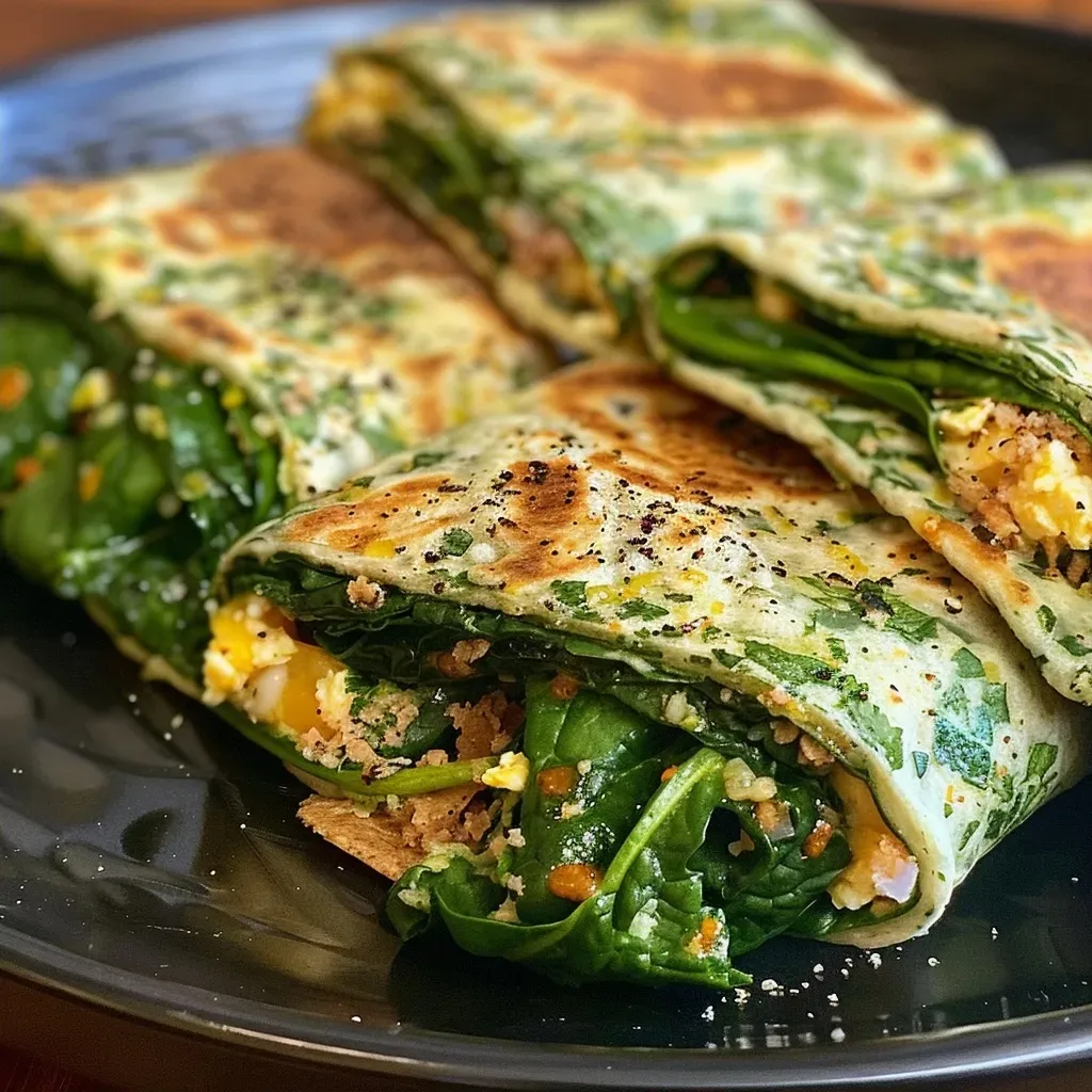 A side view of a juicy Keto spinach wrap showcasing vibrant green spinach and egg filling.