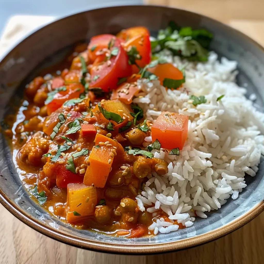 ['A close-up view of a vibrant Kichererbsen-Curry in a bowl, showcasing its rich colors and textures.', 'Side view of a steaming bowl of Kichererbsen-Curry, highlighting its creamy consistency and colorful ingredients.', 'Detailed shot of Kichererbsen-Curry with visible chickpeas, coconut milk, and spices surrounded by fresh herbs.', 'Close-up of a delicious Kichererbsen-Curry, featuring a blend of chickpeas and vibrant spices, ready to be served.']