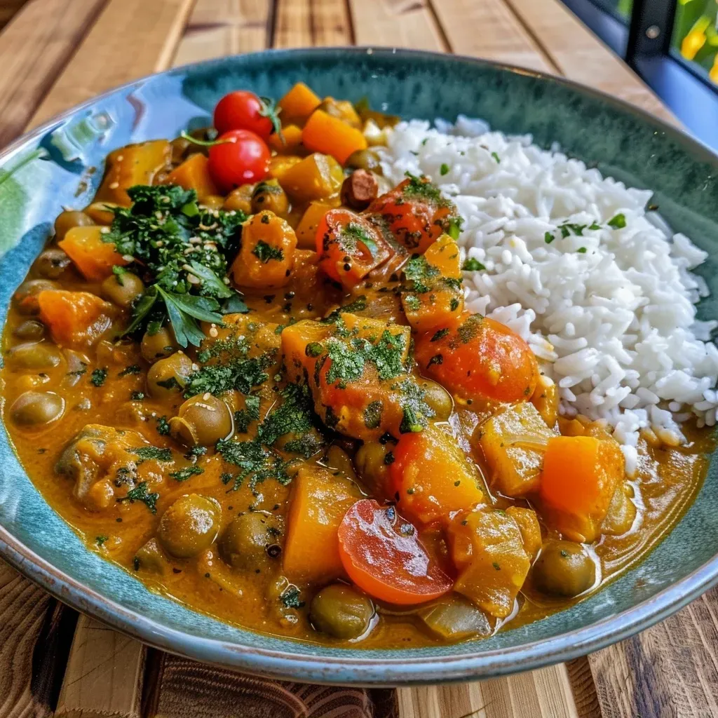 A close-up view of a vibrant Kichererbsen-Curry in a bowl, showcasing its rich colors and textures.