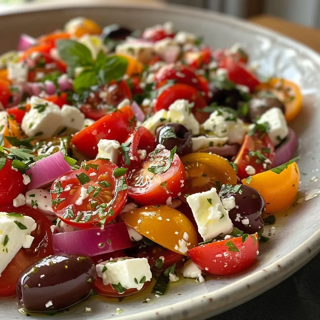 A close-up view of a colorful chickpea salad with feta cheese.