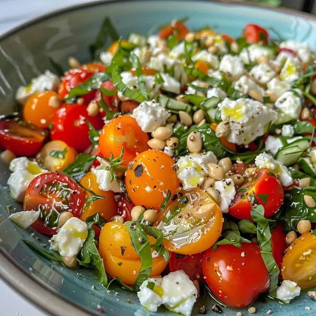 A close-up view of a colorful chickpea salad with feta cheese.