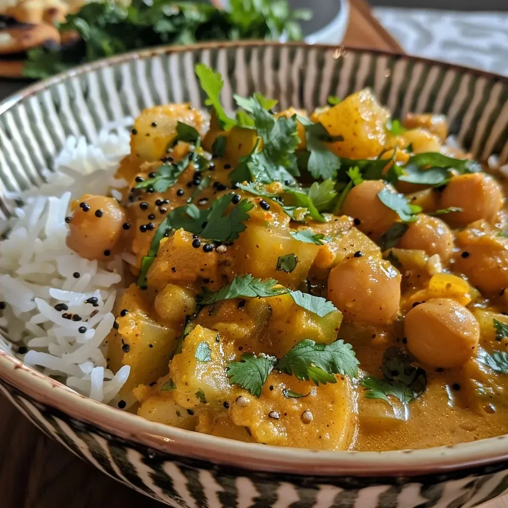 A close-up view of a bowl filled with vibrant Kohlrabi Curry topped with roasted chickpeas and fresh cilantro.