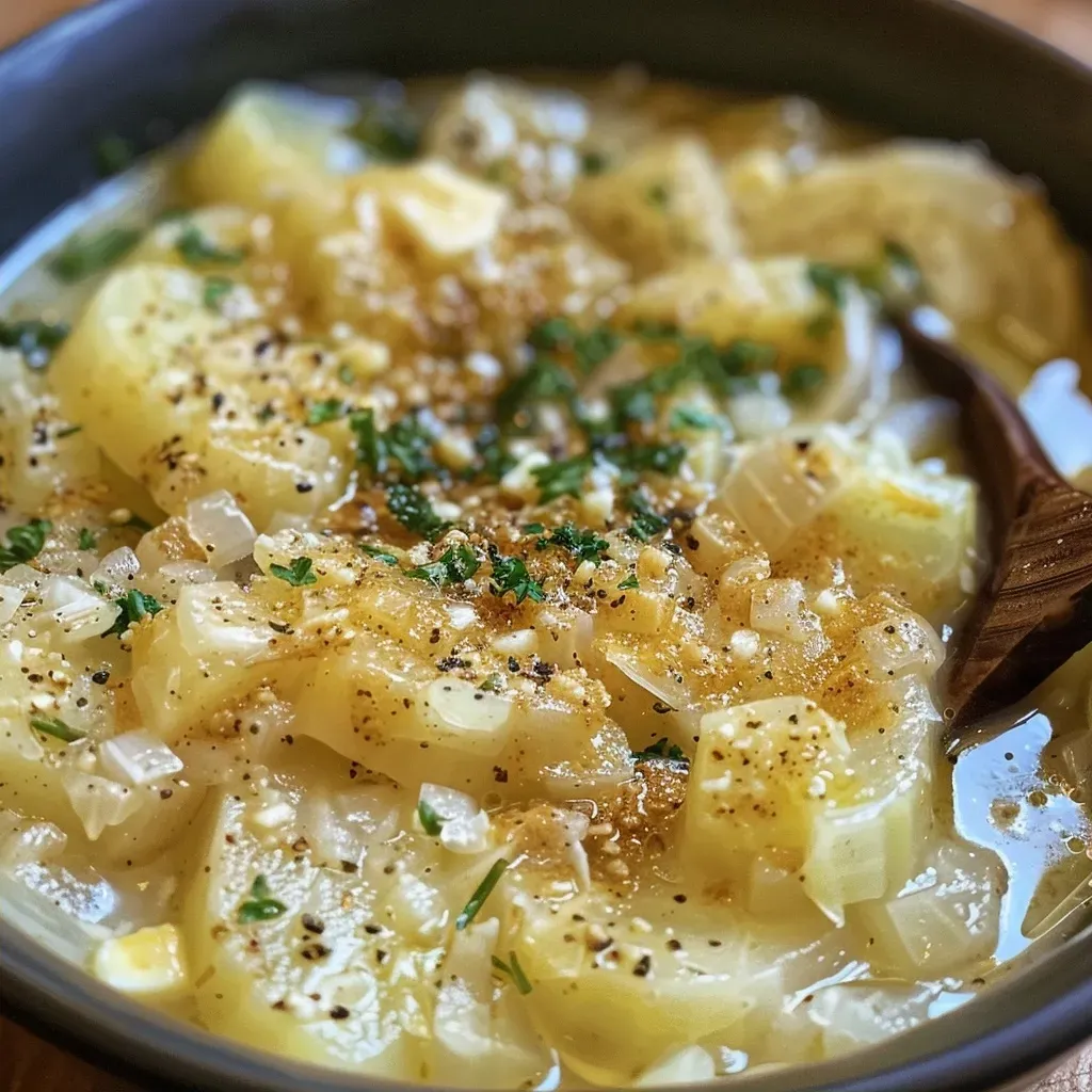 Side view of a bowl filled with German creamed kohlrabi, highlighting its creamy texture.