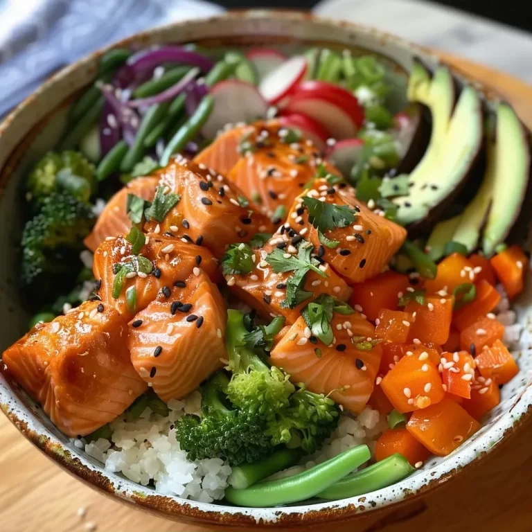 Close-up view of a salmon bowl featuring cubed salmon, vegetables, and garnishes.