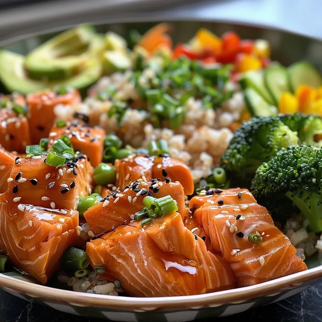 Side view of a vibrant salmon bowl displaying fresh ingredients and colorful toppings.