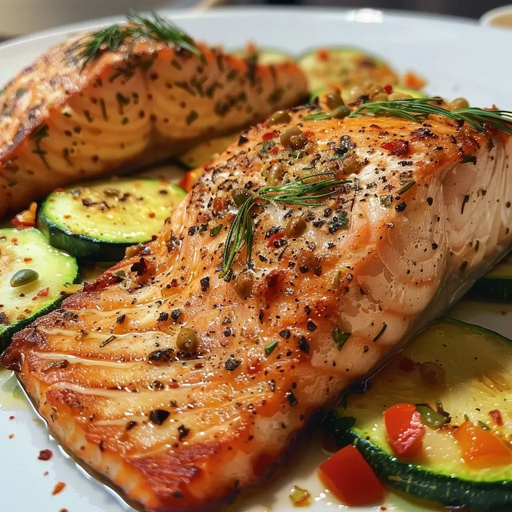 Side view of air-fried salmon with peppers, zucchini, and carrots.