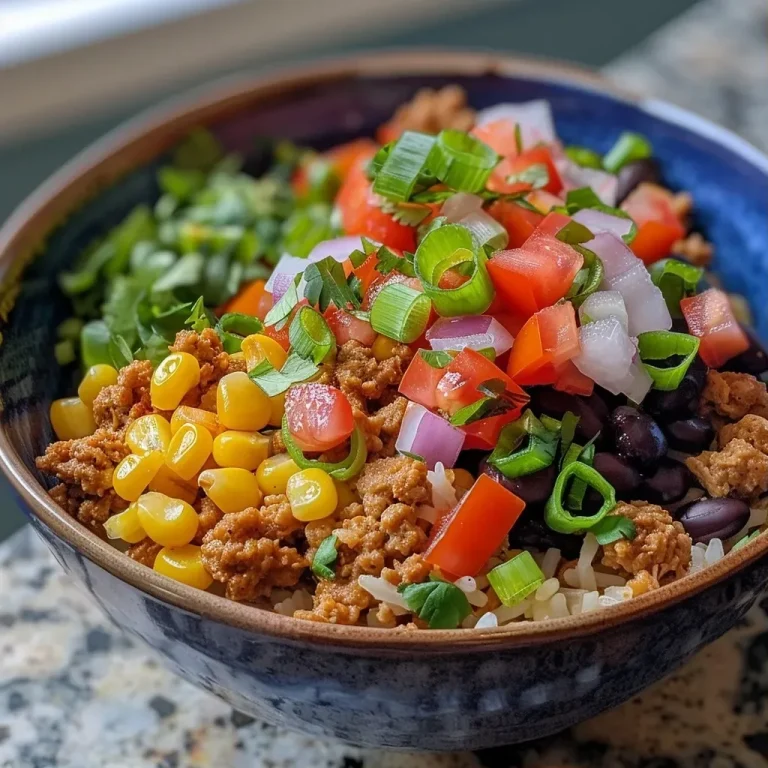 Close-up view of a colorful taco bowl featuring layers of ingredients.
