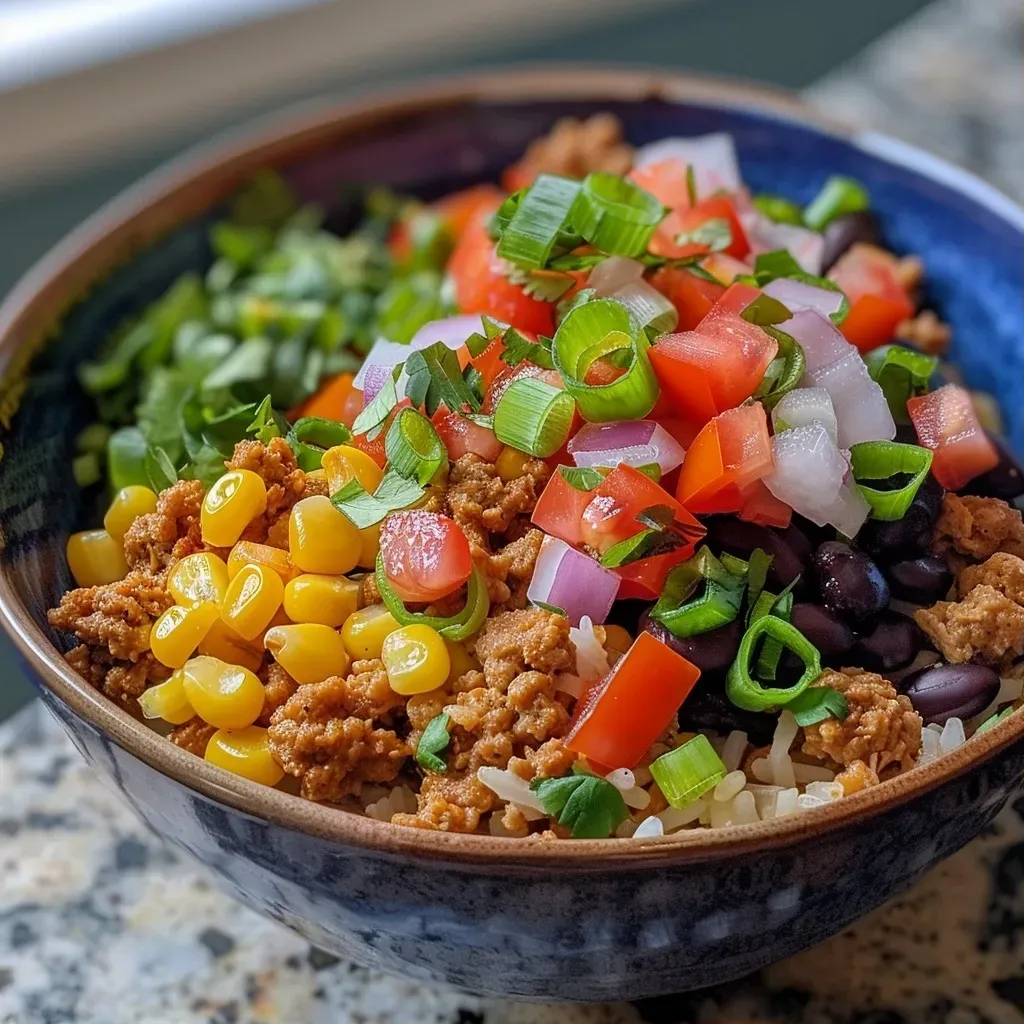 Close-up view of a colorful taco bowl featuring layers of ingredients.