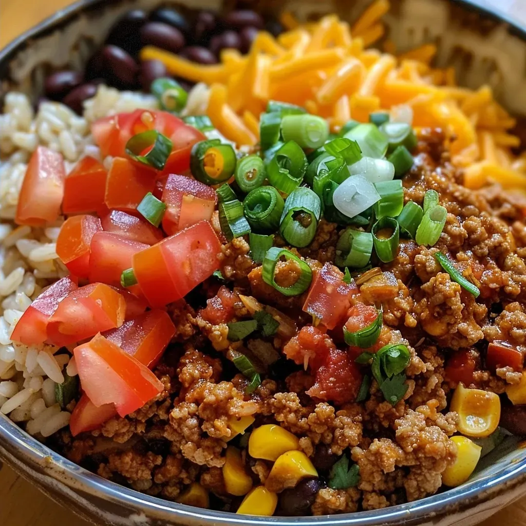 Side angle of a healthy taco bowl filled with ground turkey and vibrant vegetables.