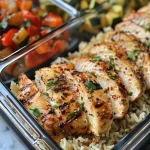 Close-up of a low calorie high protein meal prep bowl featuring sliced chicken and roasted vegetables.
