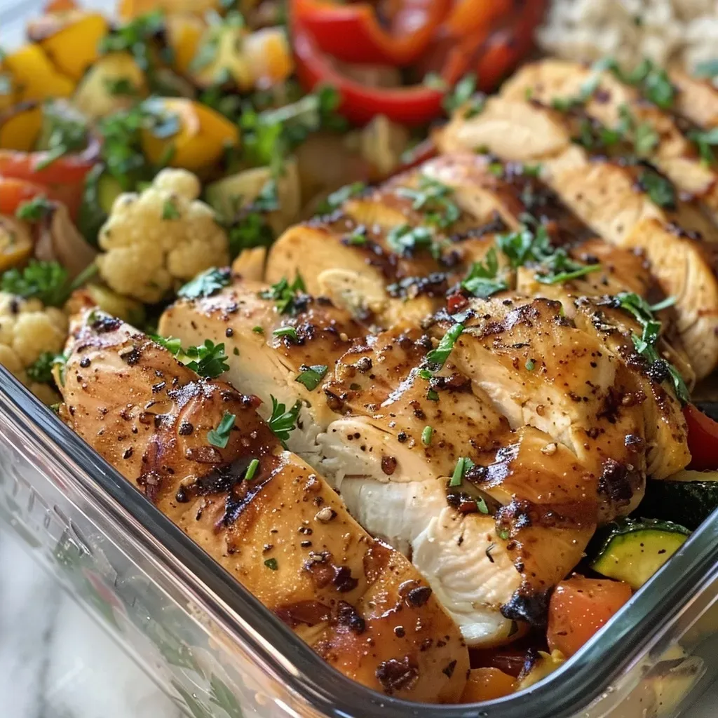 Side view of a meal prep bowl with cooked chicken, rice, and colorful vegetables.