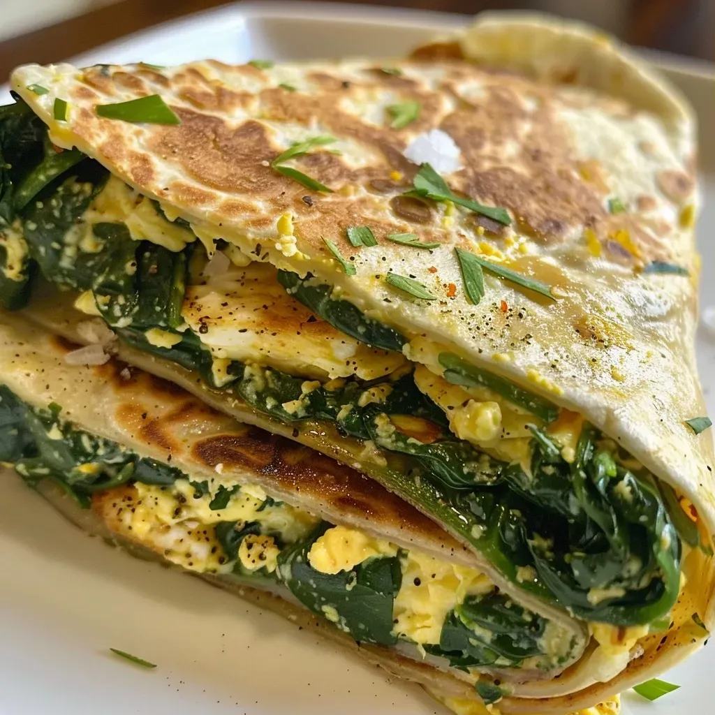 Close-up of a low carb spinach wrap filled with fresh ingredients.