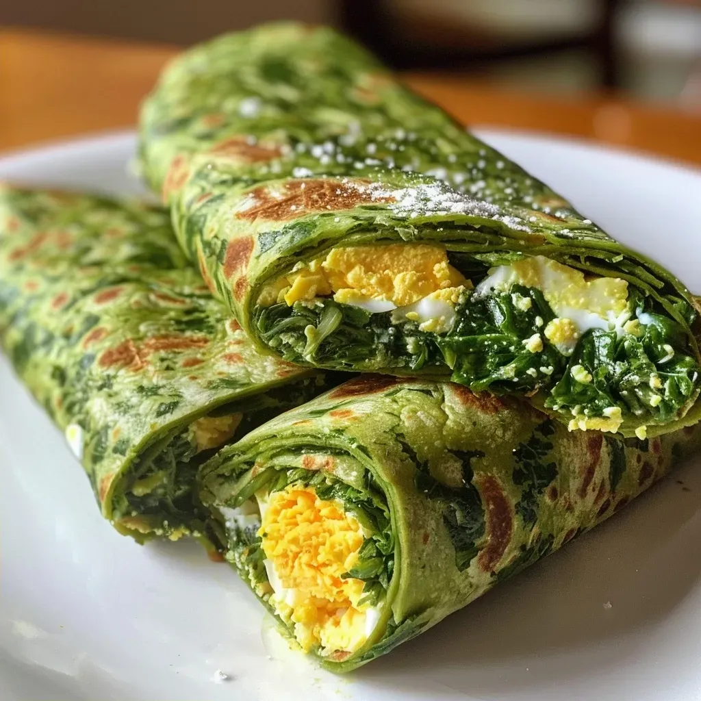 Side view of a juicy low carb spinach wrap showcasing fresh spinach and eggs.