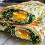 A close-up view of a low carb spinach wrap with filling, showcasing vibrant green spinach.