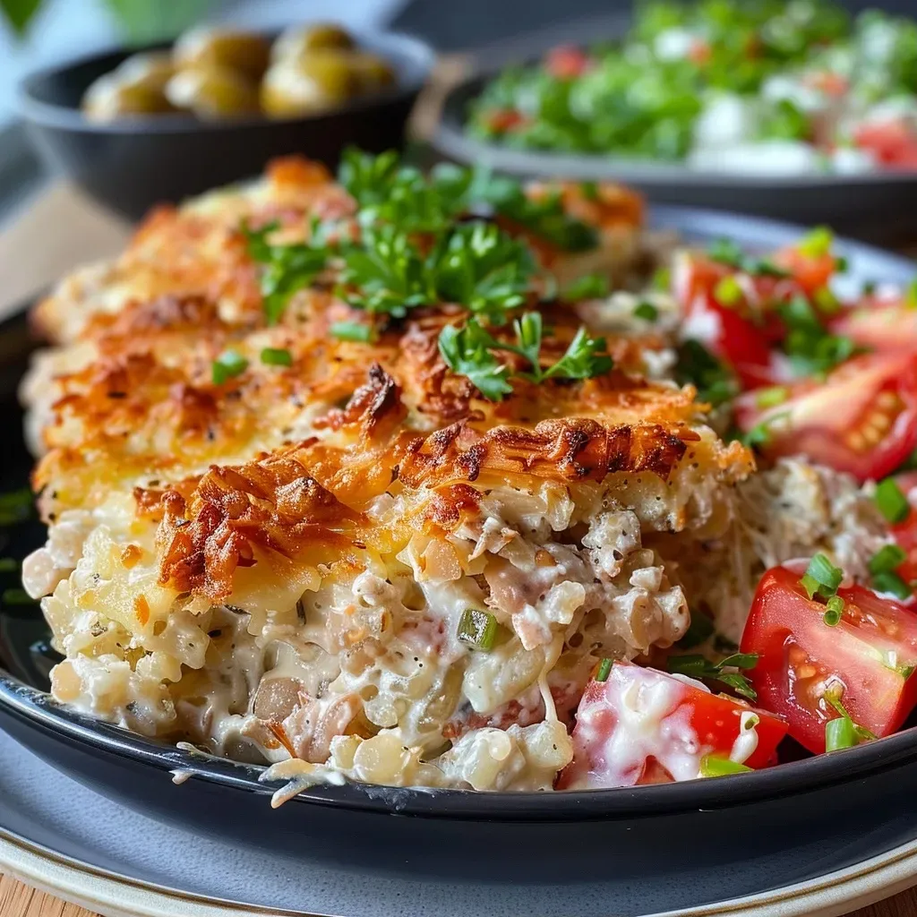 Close-up view of a low carb tuna casserole with vegetables on a plate.
