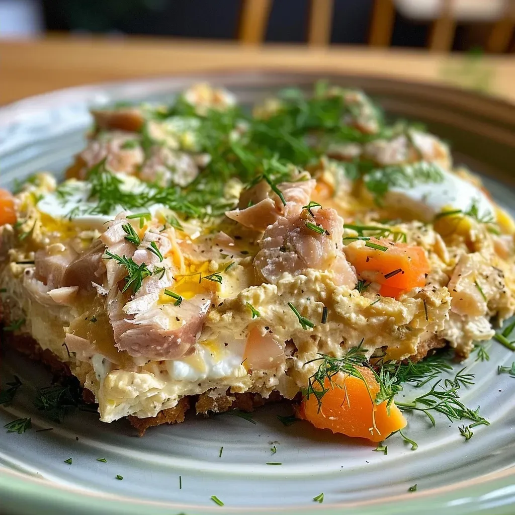 Juicy low carb tuna casserole, garnished and ready to serve.