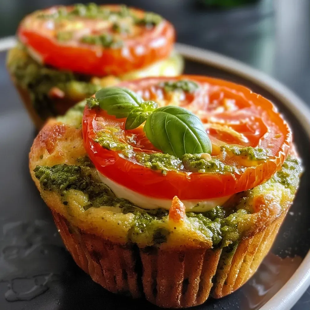 Close-up of a fluffy Mais Pesto Muffin with herbs and melted cheese.
