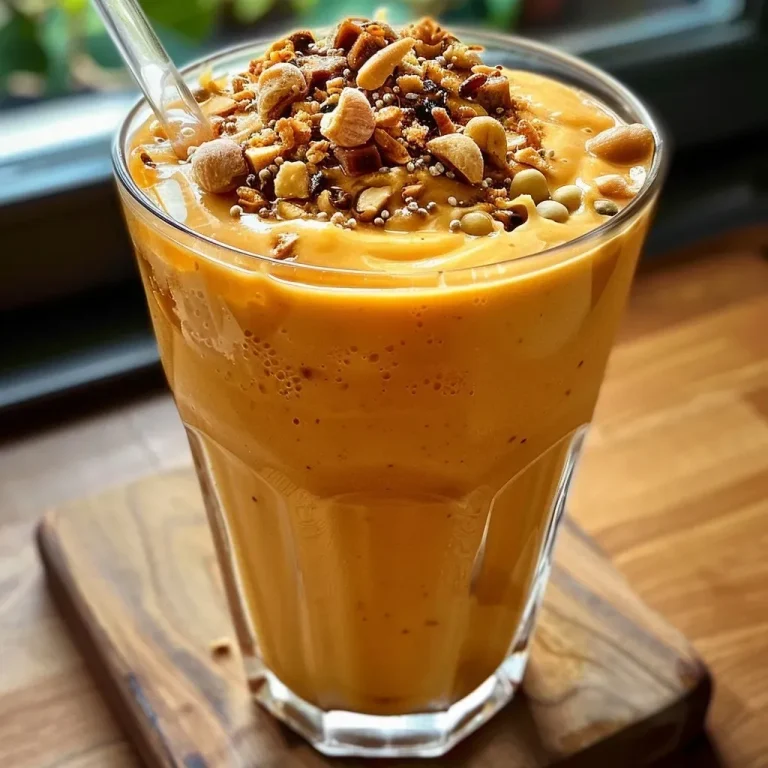 Close-up side view of a creamy Mandel-Smoothie in a glass topped with a slice of orange.